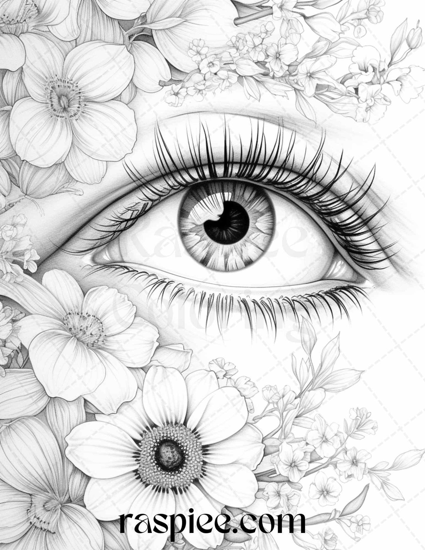 40 Charming Eyes Grayscale Coloring Pages Printable for Adults, PDF File Instant Download