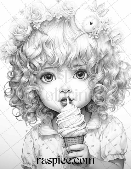 42 Adorable Girls with Ice Cream Grayscale Coloring Pages Printable for Adults Kids, PDF File Instant Download