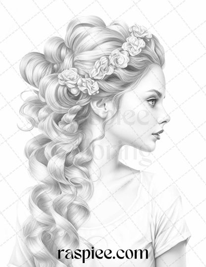 43 Beautiful Hairstyles Grayscale Coloring Pages Printable for Adults, PDF File Instant Download