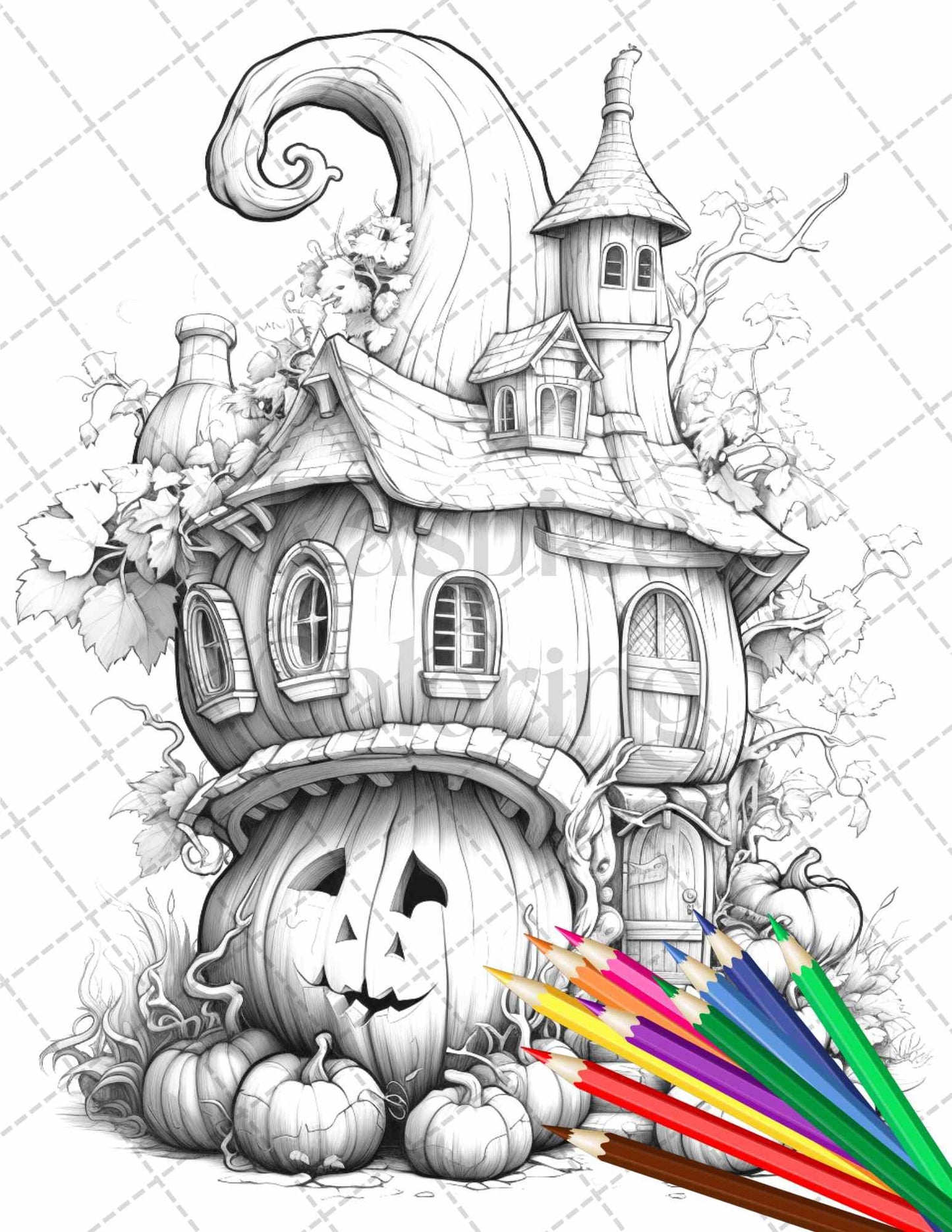 40 Pumpkin Fairy Houses Grayscale Coloring Pages Printable for Adults, PDF File Instant Download