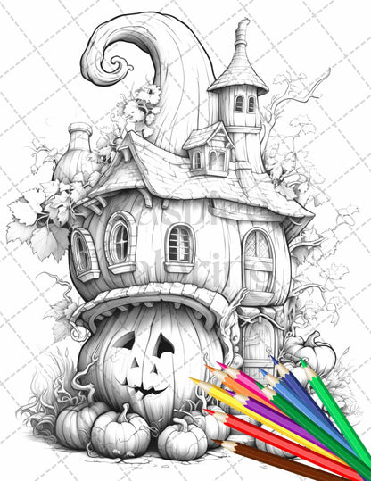 40 Pumpkin Fairy Houses Grayscale Coloring Pages Printable for Adults, PDF File Instant Download