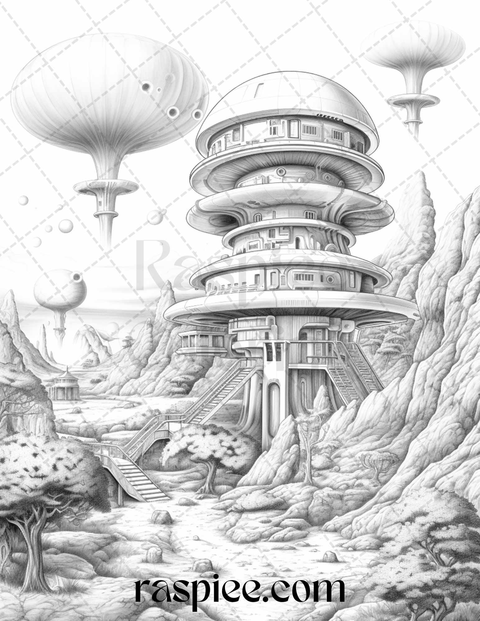 40 Alien Houses Grayscale Coloring Pages for Adults, Printable PDF File Instant Download