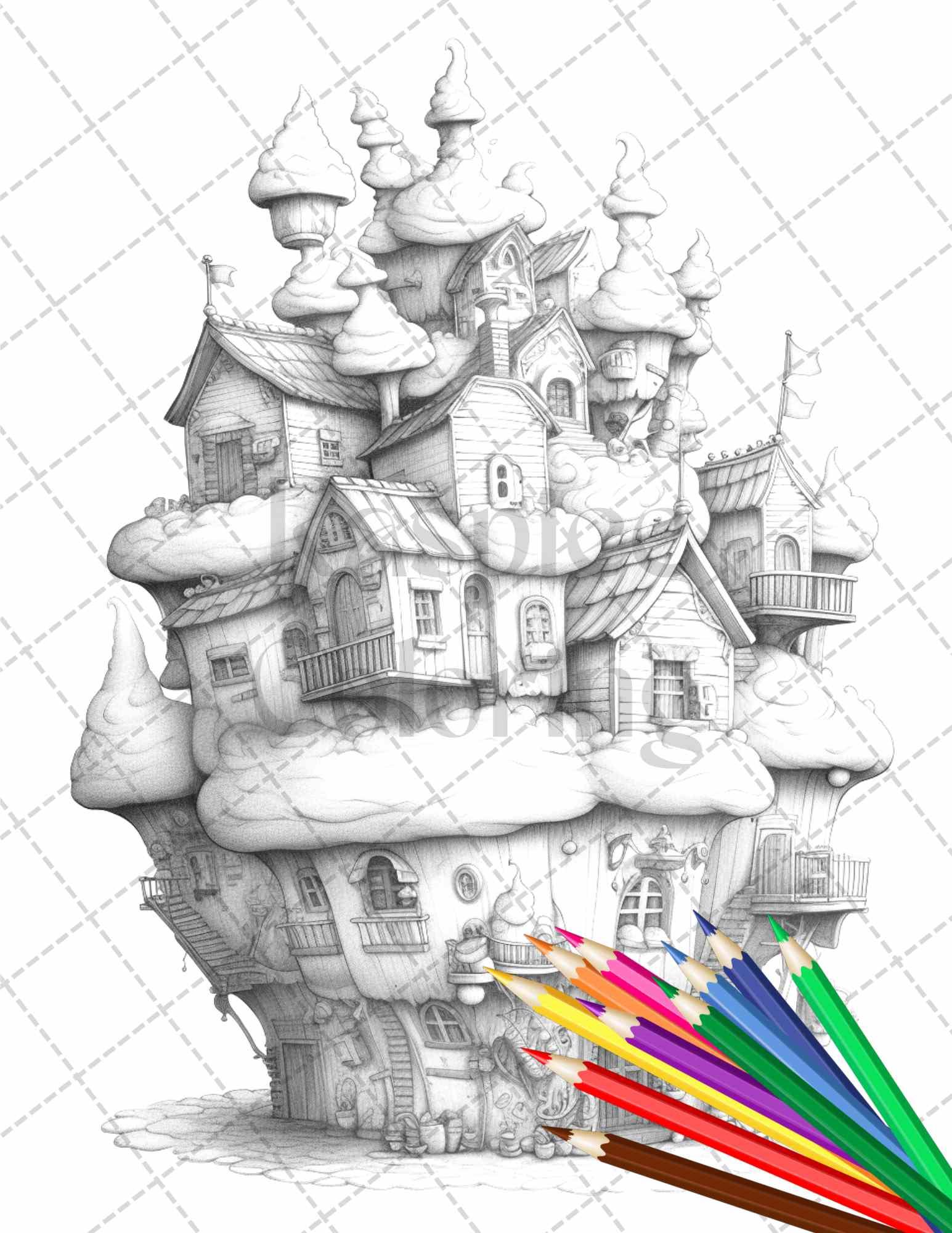 50 Adorable Cake Houses Grayscale Coloring Pages Printable for Adults and Kids, PDF File Instant Download