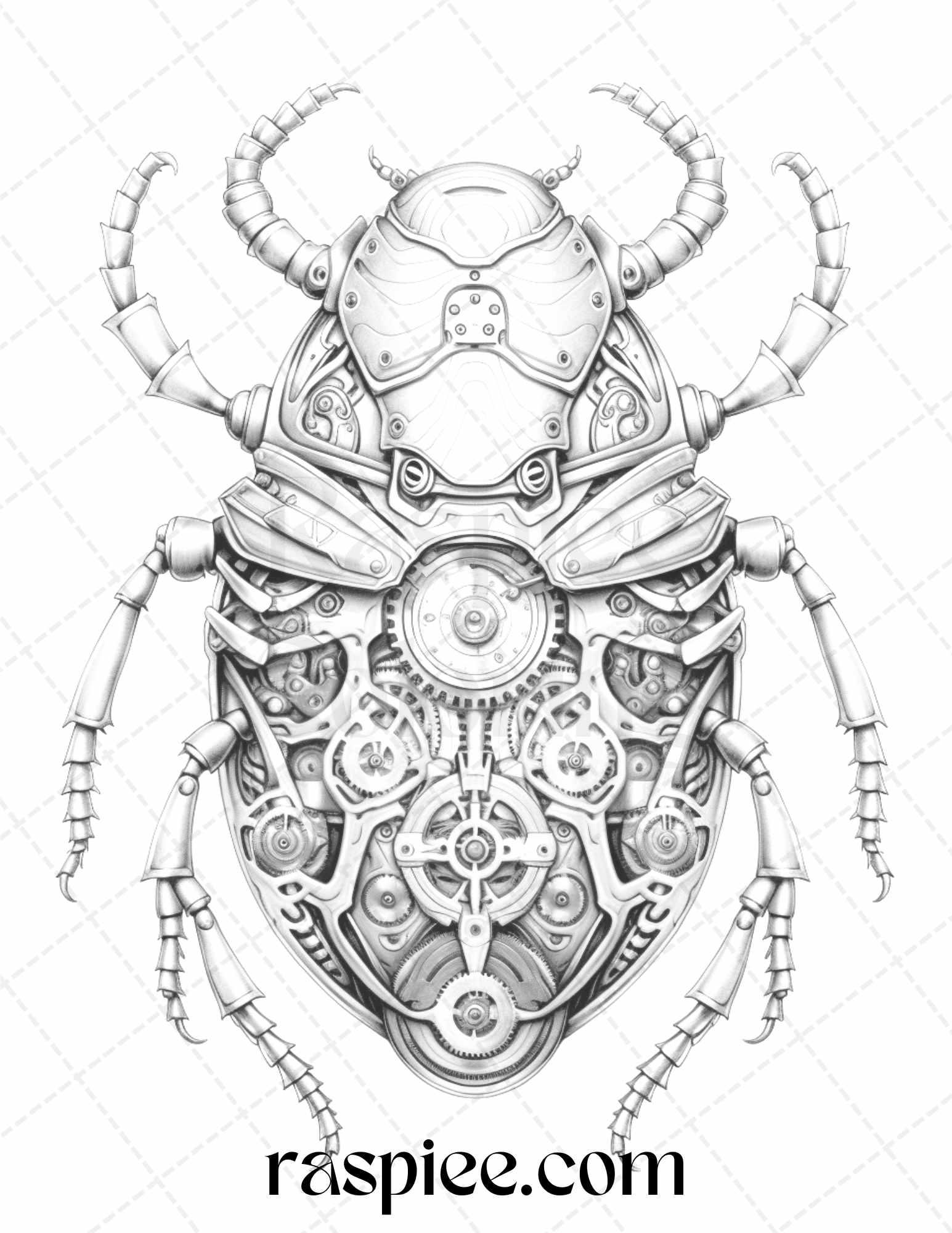 42 Steampunk Bugs Grayscale Coloring Pages Printable for Adults, PDF File Instant Download