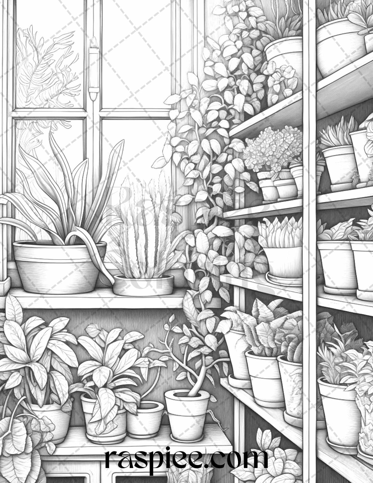 40 Window Plants Grayscale Coloring Pages Printable for Adults, PDF File Instant Download