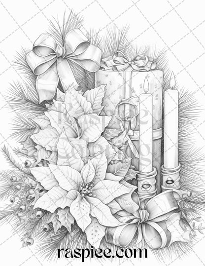 45 Christmas Flowers Grayscale Coloring Pages Printable for Adults, PDF File Instant Download