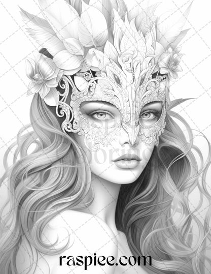 40 Masquerade Girls Grayscale Coloring Pages Printable for Adults, PDF File Instant Download