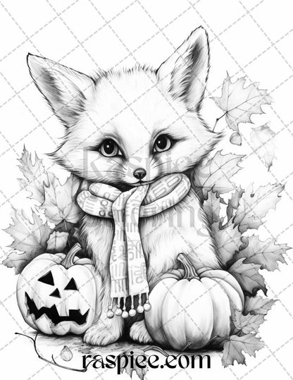 40 Cute Fall Animals Grayscale Coloring Pages Printable for Adults and Kids, PDF File Instant Download