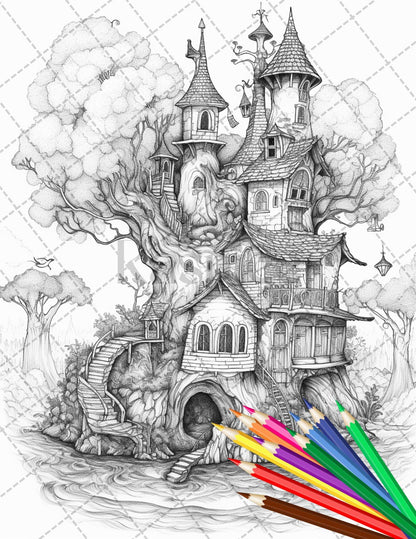 30 Fantasy Fairy Houses Coloring Page Book, Printable Adult Coloring Pages, Enchanted Fairy Home Grayscale Coloring Book, Printable PDF File