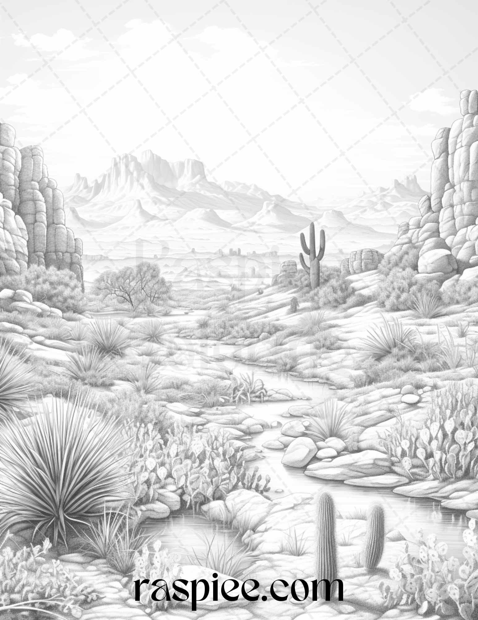 40 Desert Landscapes Grayscale Coloring Pages Printable for Adults, PDF File Instant Download