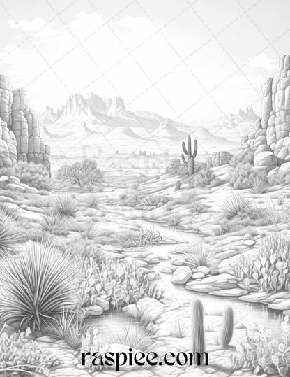 40 Desert Landscapes Grayscale Coloring Pages Printable for Adults, PDF File Instant Download