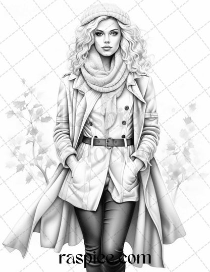 40 Fall Fashion Grayscale Coloring Pages for Adults, Printable PDF File Instant Download