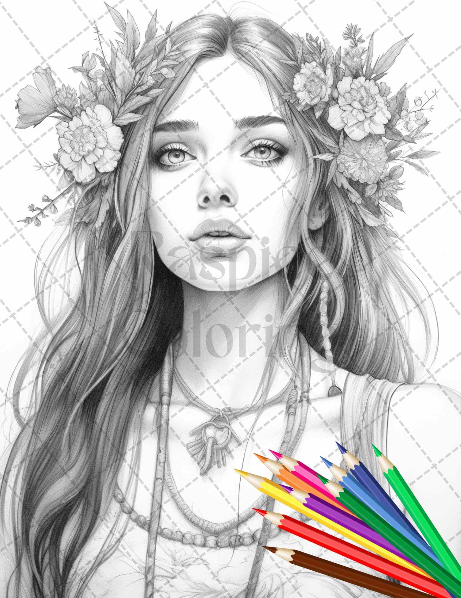 43 Beautiful Hippie Girls Grayscale Coloring Pages Printable for Adults, PDF File Instant Download