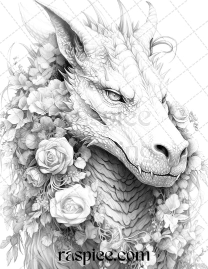 40 Flower Dragon Grayscale Coloring Pages Printable for Adults, PDF File Instant Download