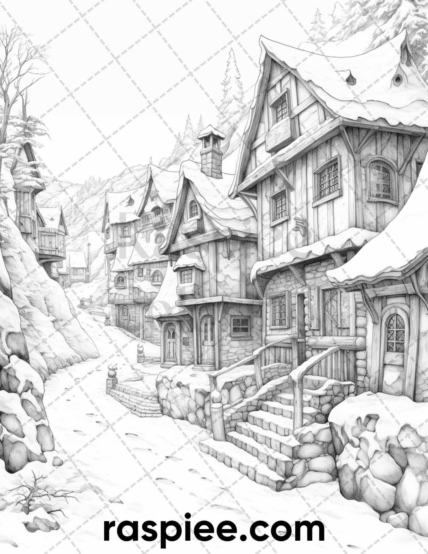 40 Fantasy Winter Village Grayscale Coloring Pages for Adults, PDF File Instant Download