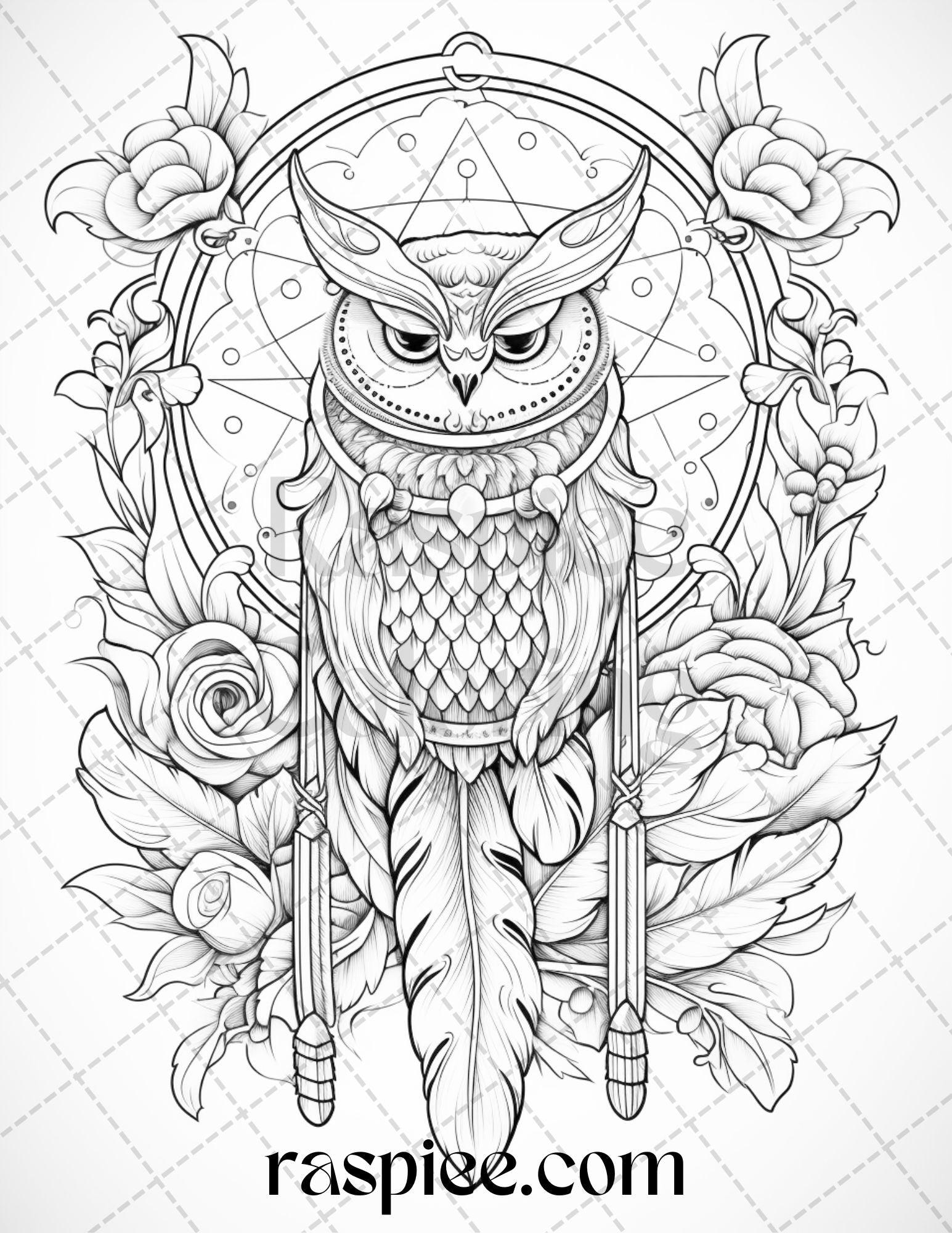 40 Floral Owl Grayscale Printable Coloring Pages for Adults, PDF File Instant Download