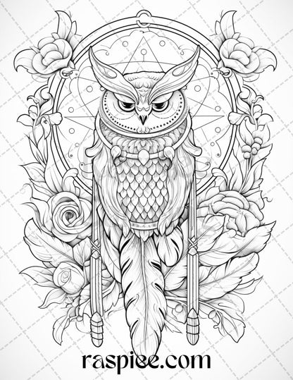 40 Floral Owl Grayscale Printable Coloring Pages for Adults, PDF File Instant Download