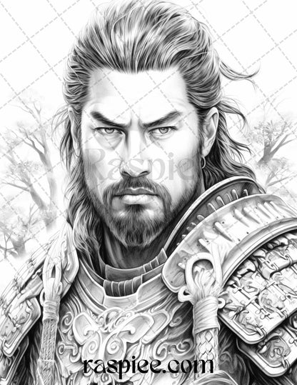 42 Japanese Samurai Grayscale Coloring Pages for Adults, Printable PDF File Instant Download