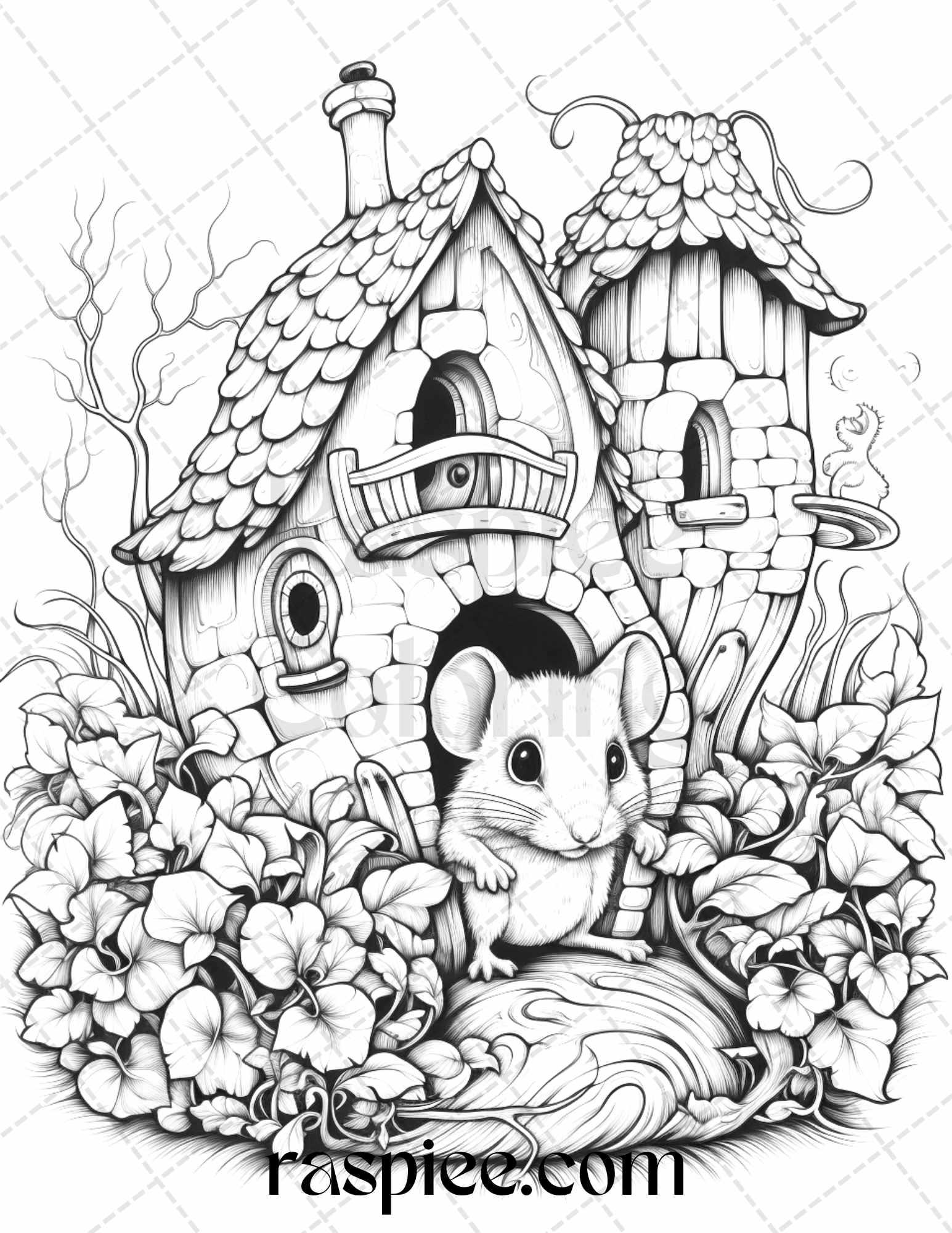 40 Magical Mouse Houses Grayscale Coloring Pages Printable for Adults, PDF File Instant Download