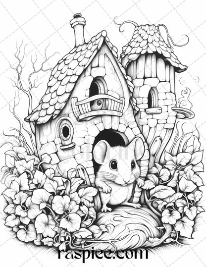 40 Magical Mouse Houses Grayscale Coloring Pages Printable for Adults, PDF File Instant Download