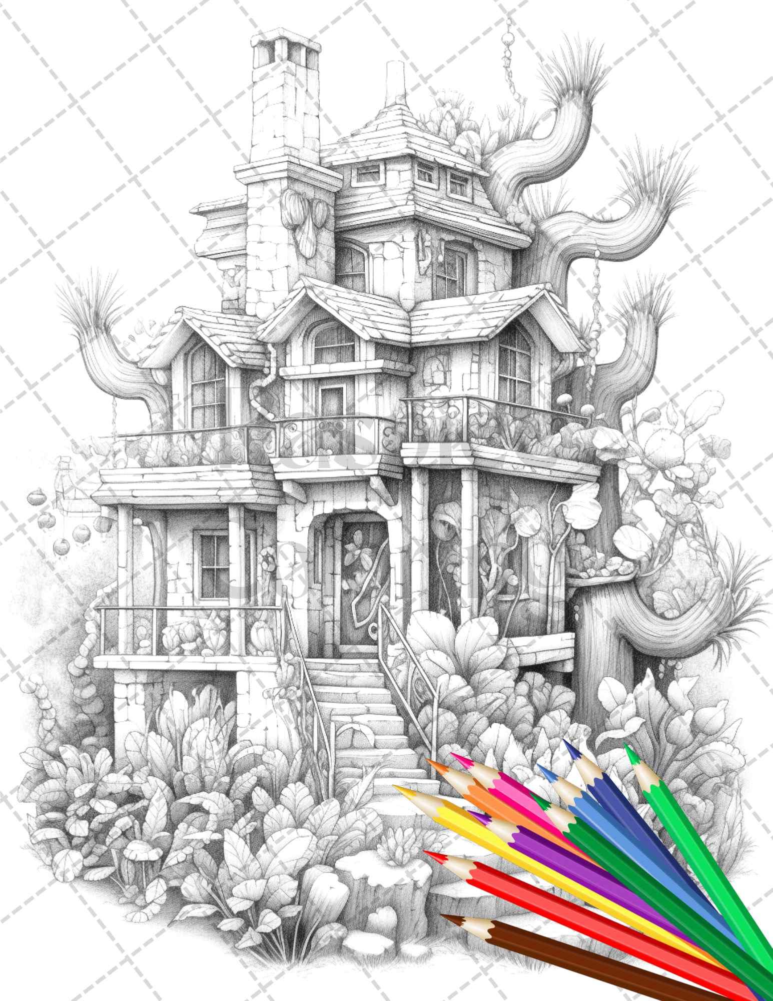 46 Fantasy Cactus Houses Grayscale Coloring Pages Printable for Adults, PDF File Instant Download