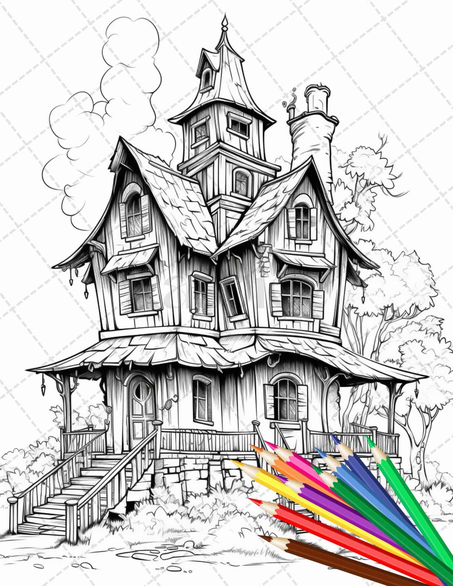 32 Spooky Houses Coloring Pages Printable for Adults, Grayscale Coloring Page, PDF File Instant Download