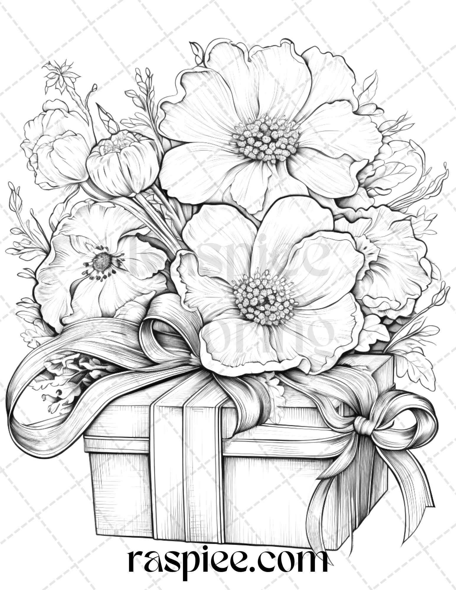 40 Flower Gift Box Grayscale Coloring Pages Printable for Adults Kids, PDF File Instant Download