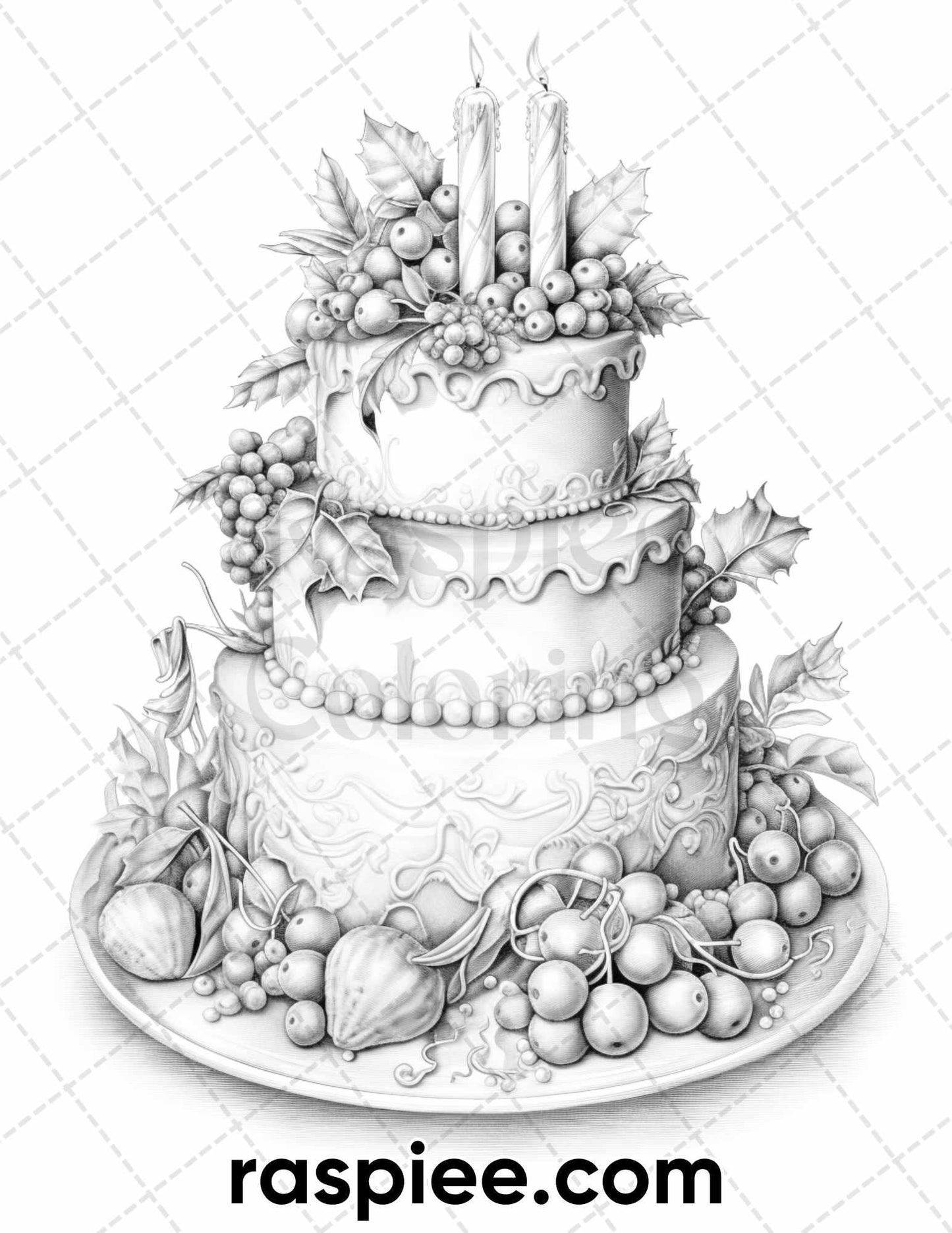 45 Christmas Cakes Grayscale Coloring Pages for Adults, Printable PDF File Instant Download