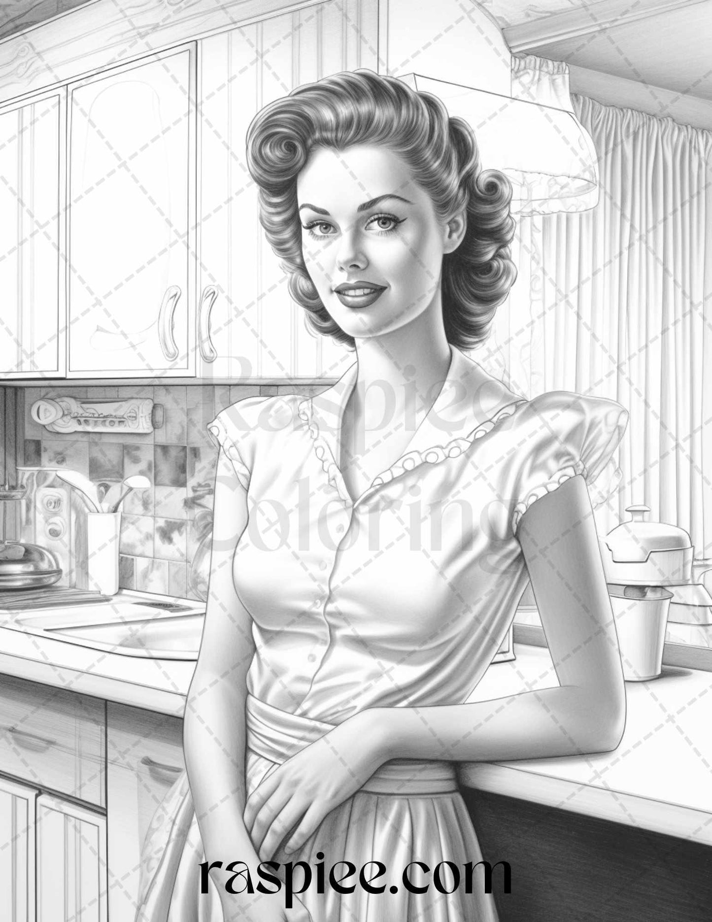 40 Retro Housewives Grayscale Coloring Pages for Adults, Printable PDF File Instant Download