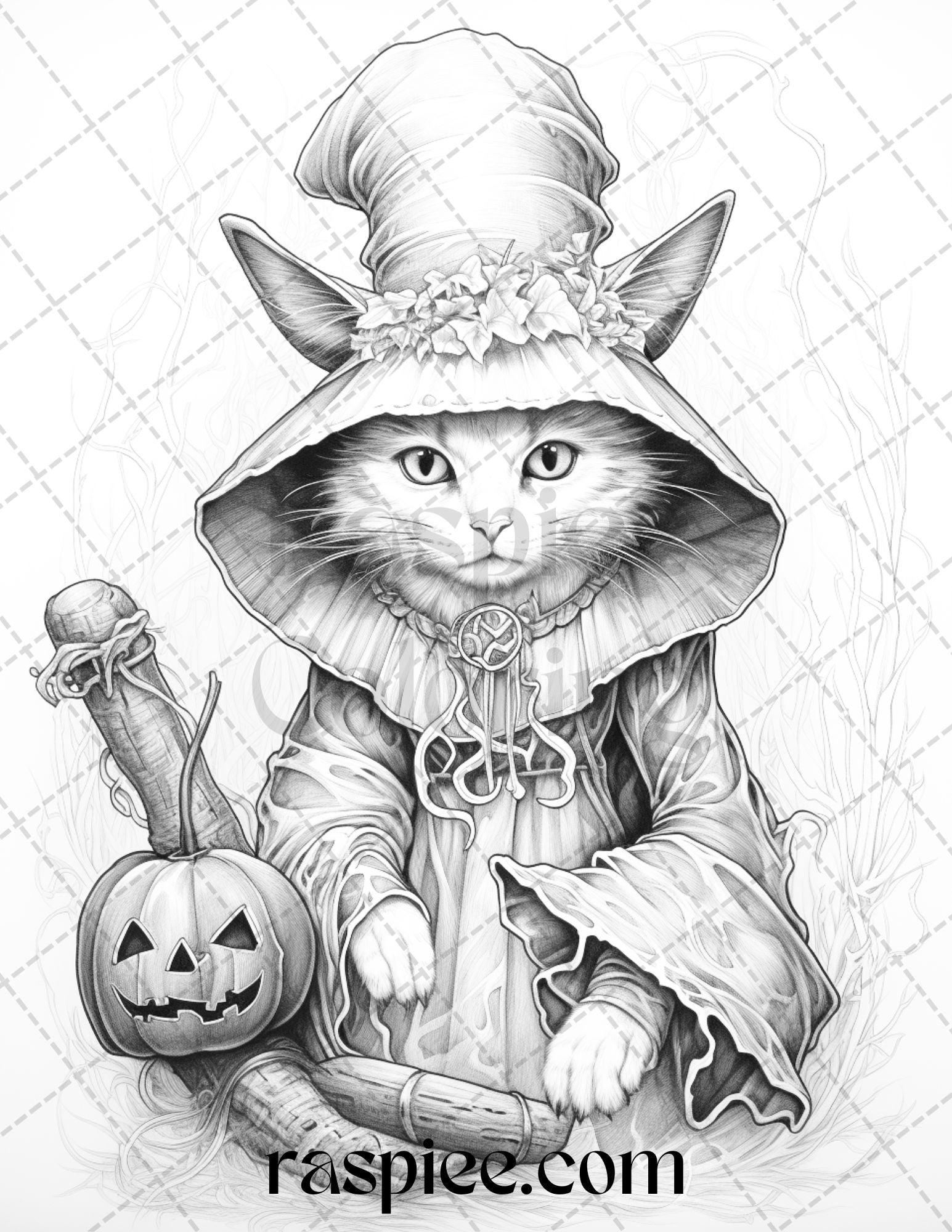 40 Halloween Witch Cat Grayscale Coloring Pages Printable for Adults, PDF File Instant Download