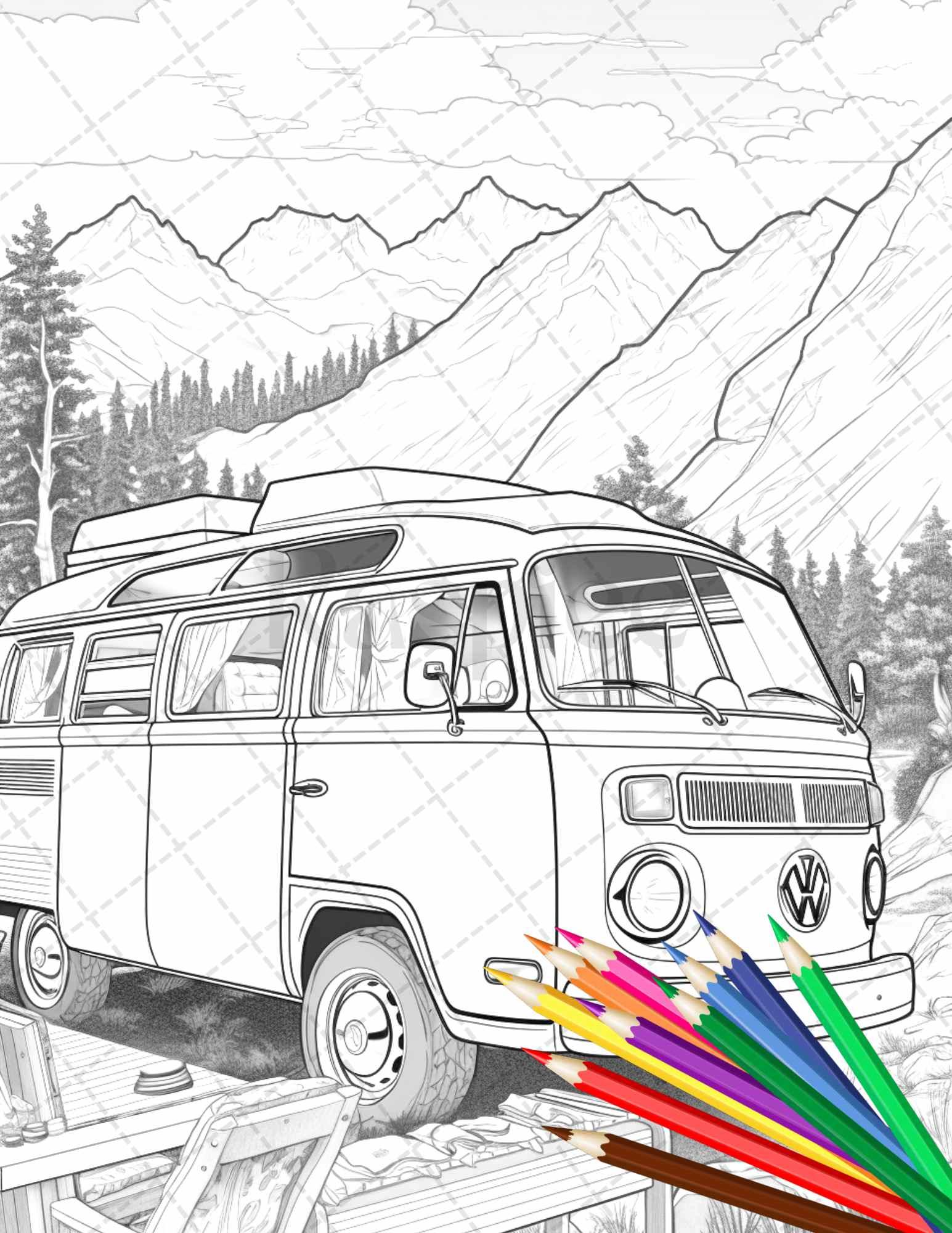 30 Campervan Adventure Grayscale Coloring Pages Printable for Adults, PDF File Instant Download