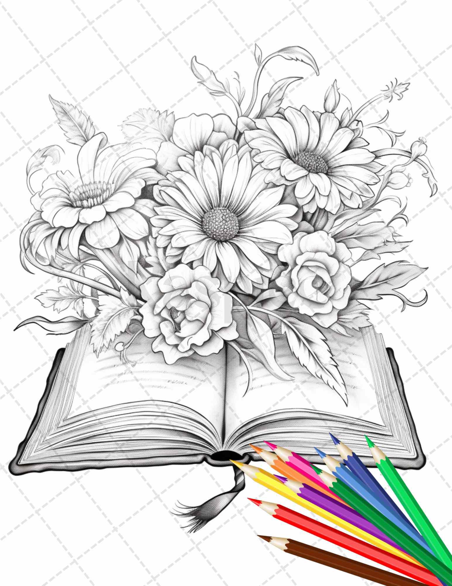 31 Book Flowers Coloring Pages Printable for Adults, Grayscale Coloring Page, PDF File Instant Download