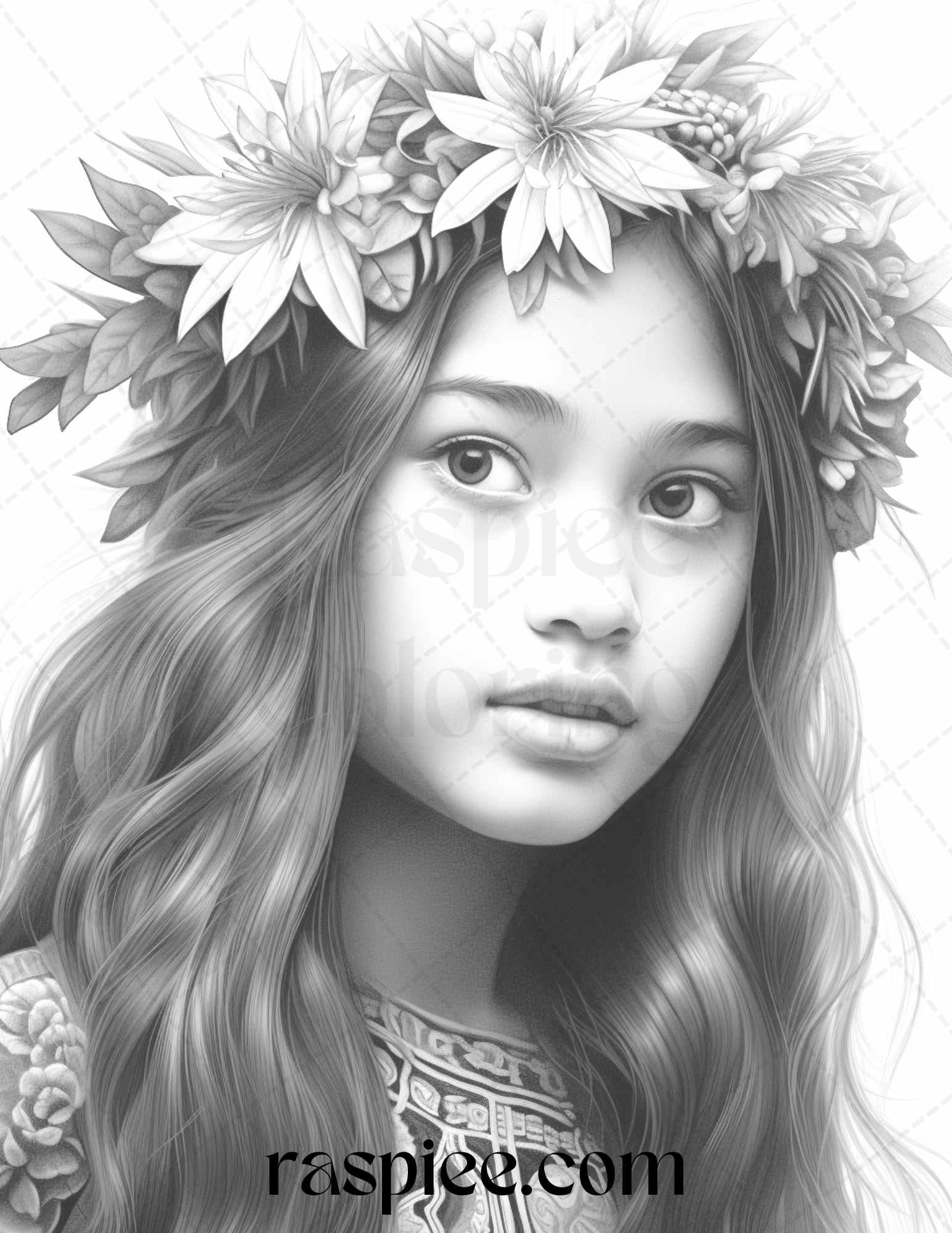 40 Hawaiian Girls Grayscale Coloring Pages Printable for Adults, PDF File Instant Download