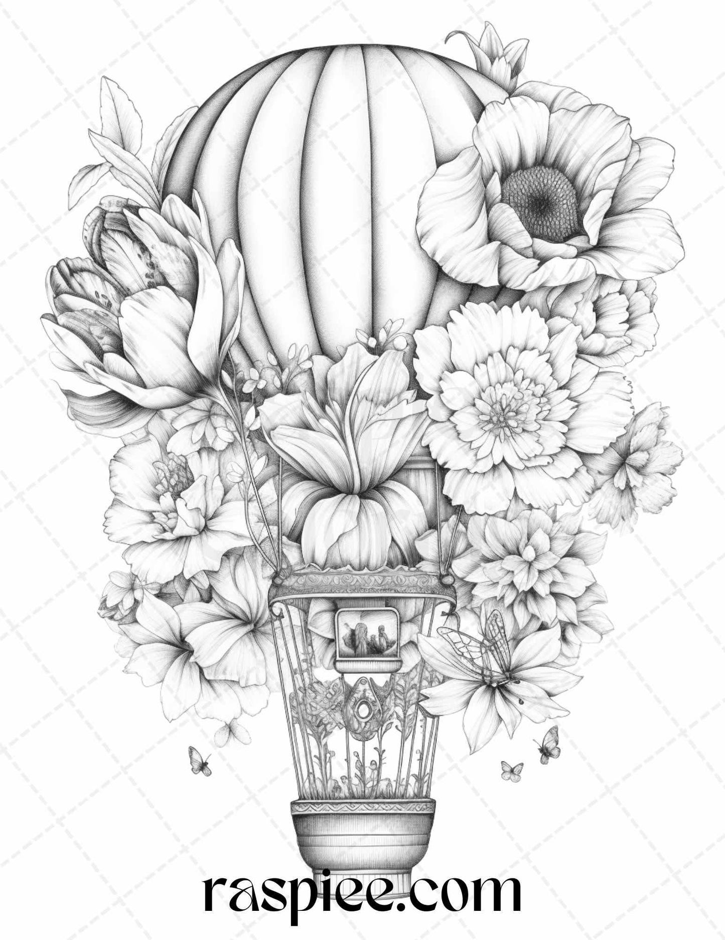 42 Flower Hot Air Balloons Grayscale Coloring Pages Printable for Adults, PDF File Instant Download