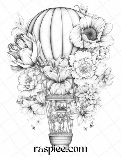 42 Flower Hot Air Balloons Grayscale Coloring Pages Printable for Adults, PDF File Instant Download