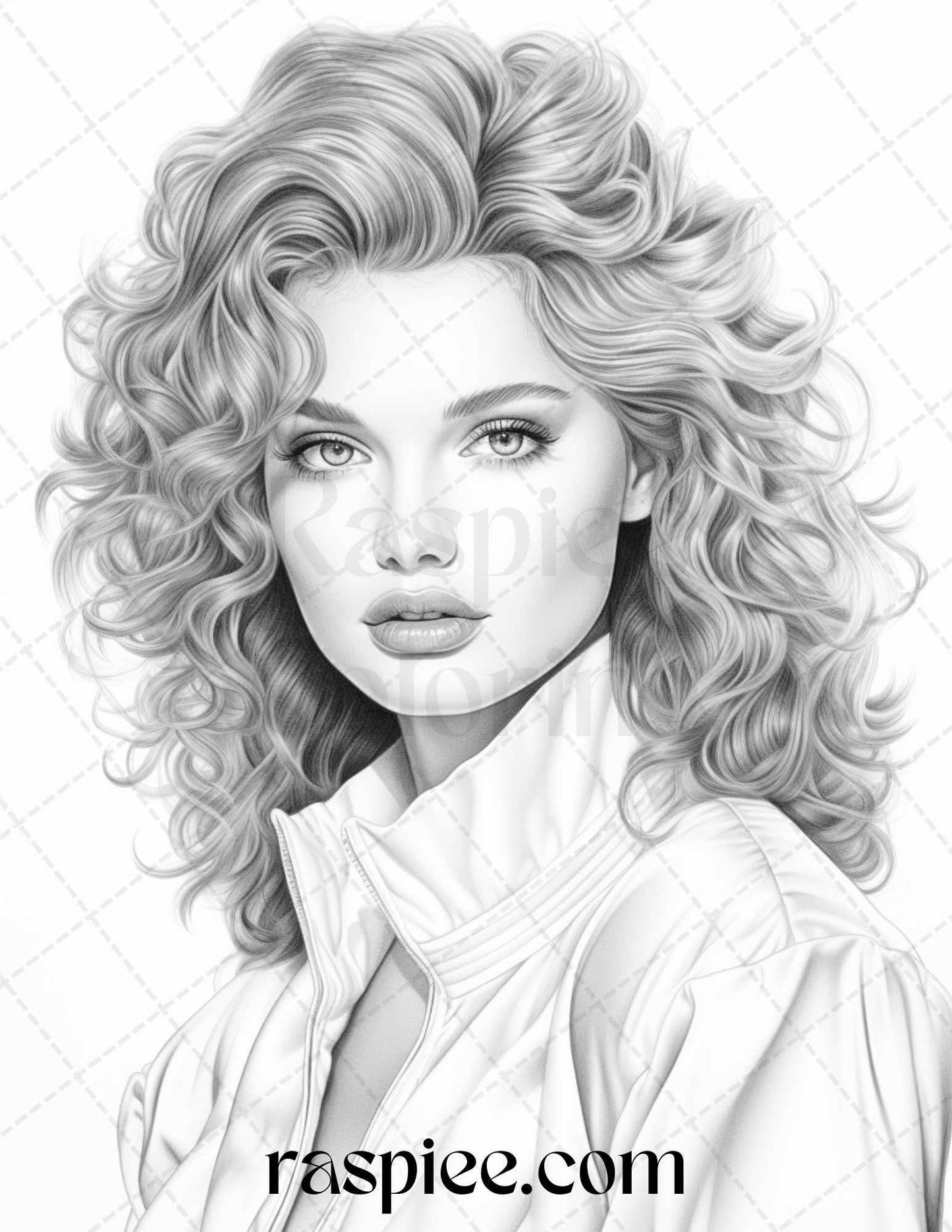 1980s Retro Beautiful Women Grayscale Coloring Pages for Adults, PDF File Instant Download