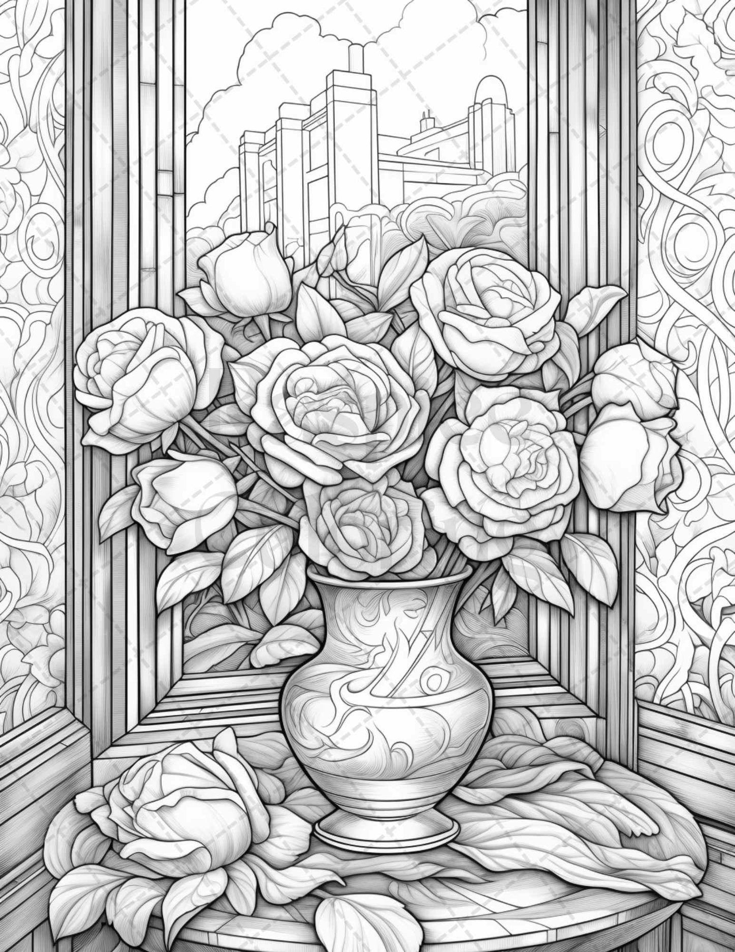 40 Captivating Roses Grayscale Coloring Pages Printable for Adults, PDF File Instant Download