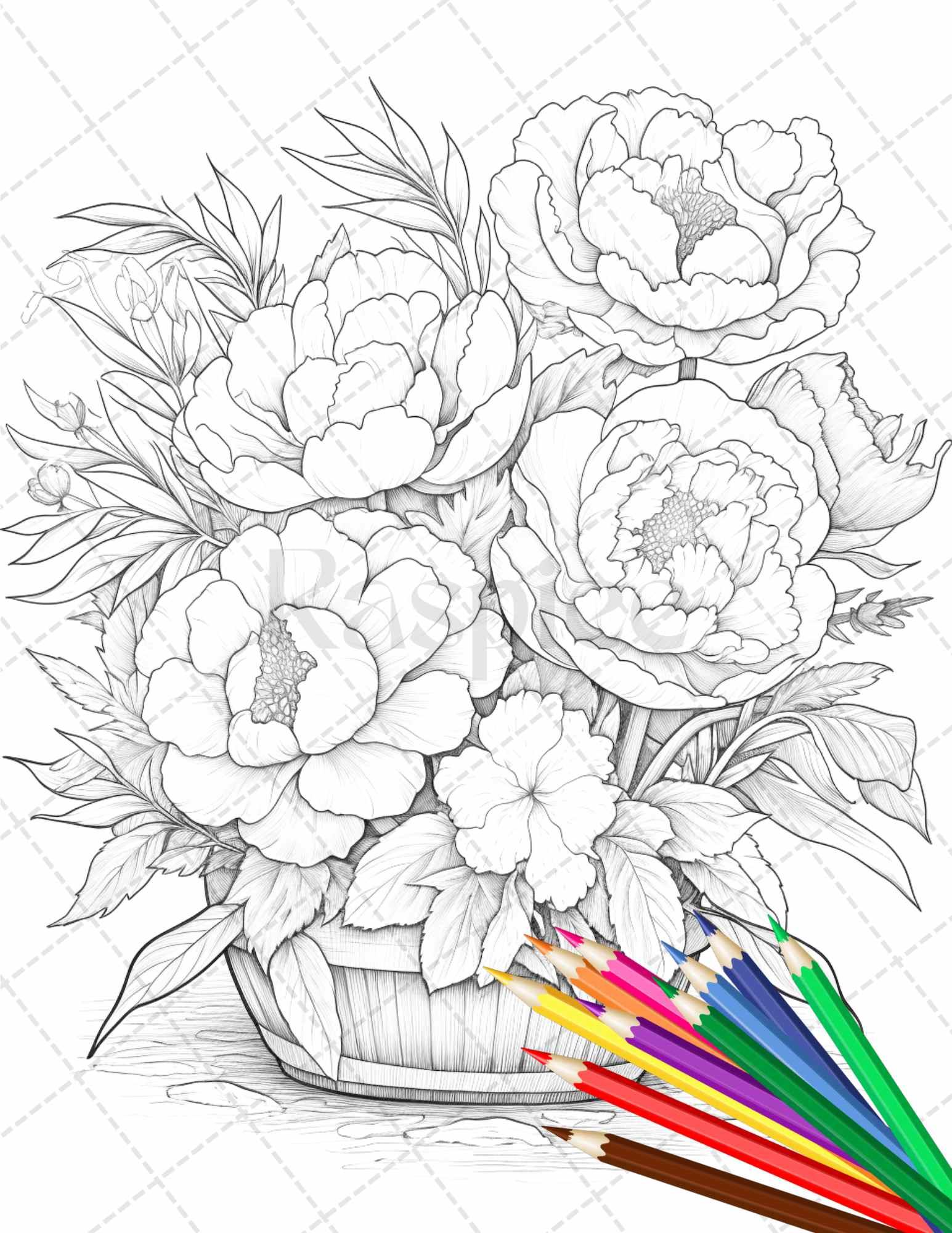 30 Flower Baskets Grayscale Coloring Pages for Adults, PDF File Instant Download