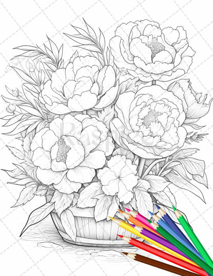 30 Flower Baskets Grayscale Coloring Pages for Adults, PDF File Instant Download