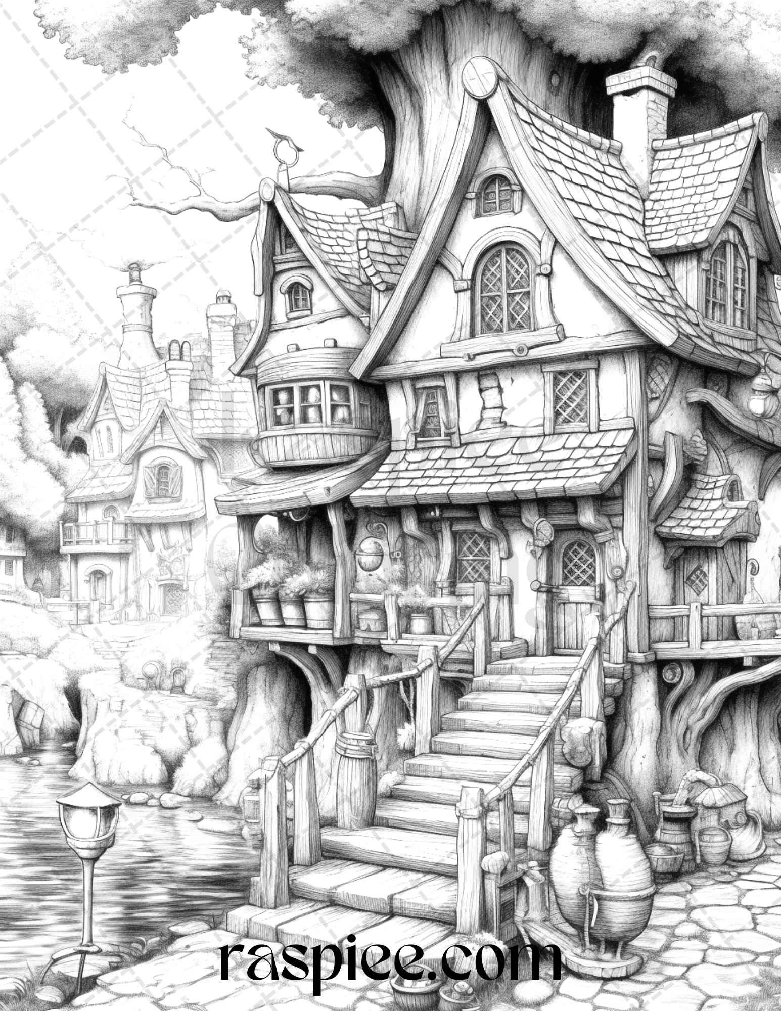 40 Fantasy Village Grayscale Coloring Pages Printable for Adults, PDF File Instant Download