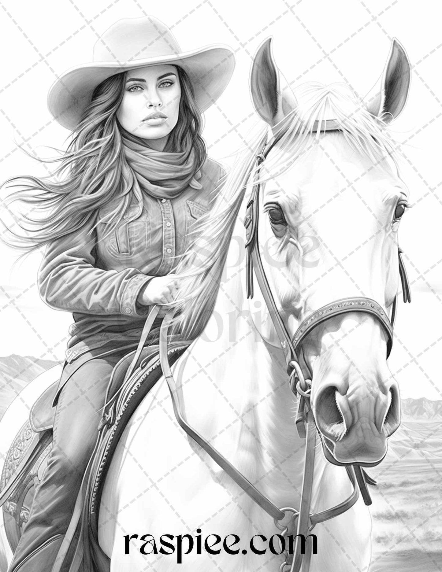 40 Beautiful Cowgirls Grayscale Coloring Pages Printable for Adults, PDF File Instant Download