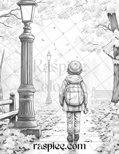 40 Rainy Autumn Day Grayscale Coloring Pages Printable for Adults and Kids, PDF File Instant Download