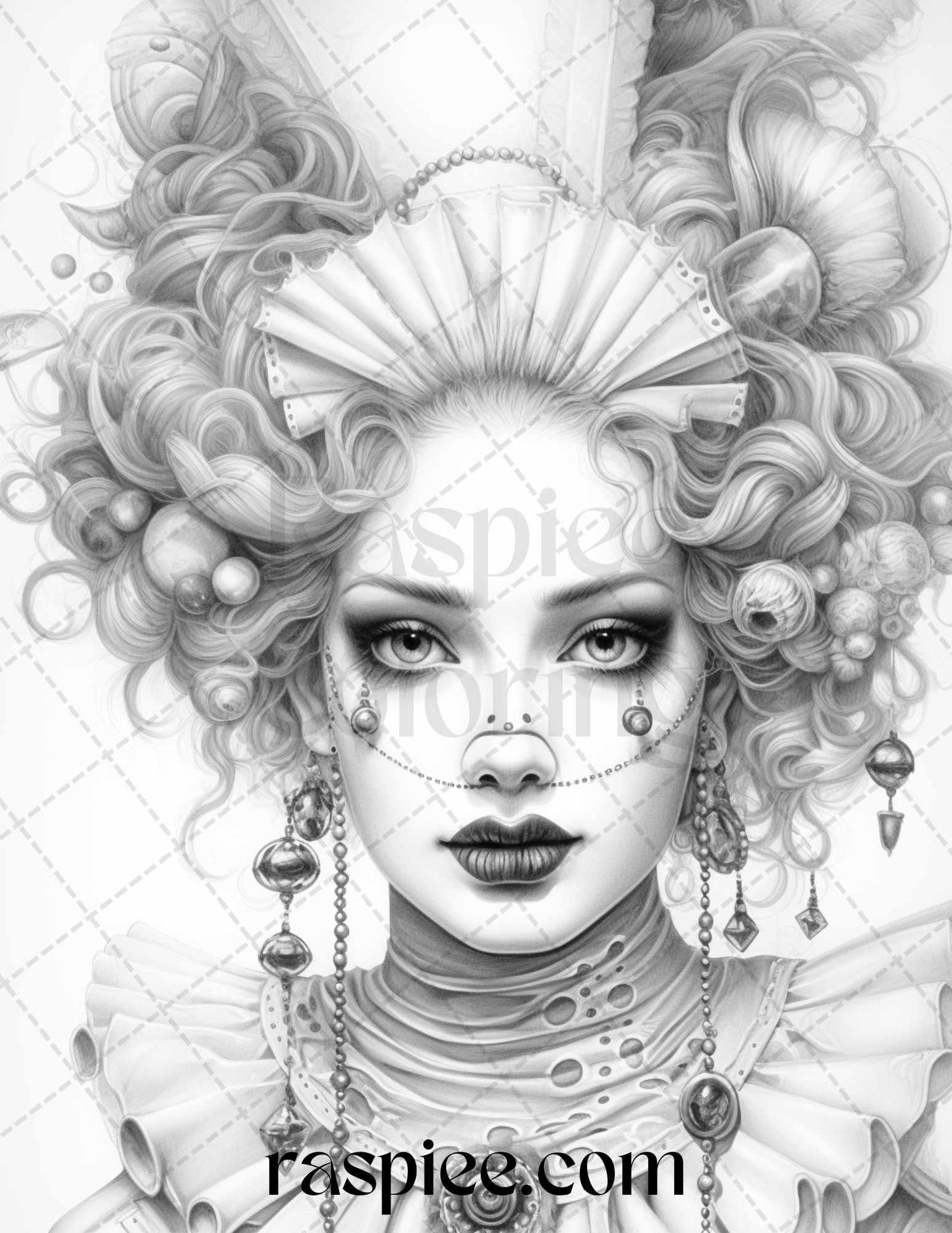 42 Beautiful Clown Girls Grayscale Coloring Pages Printable for Adults, PDF File Instant Download