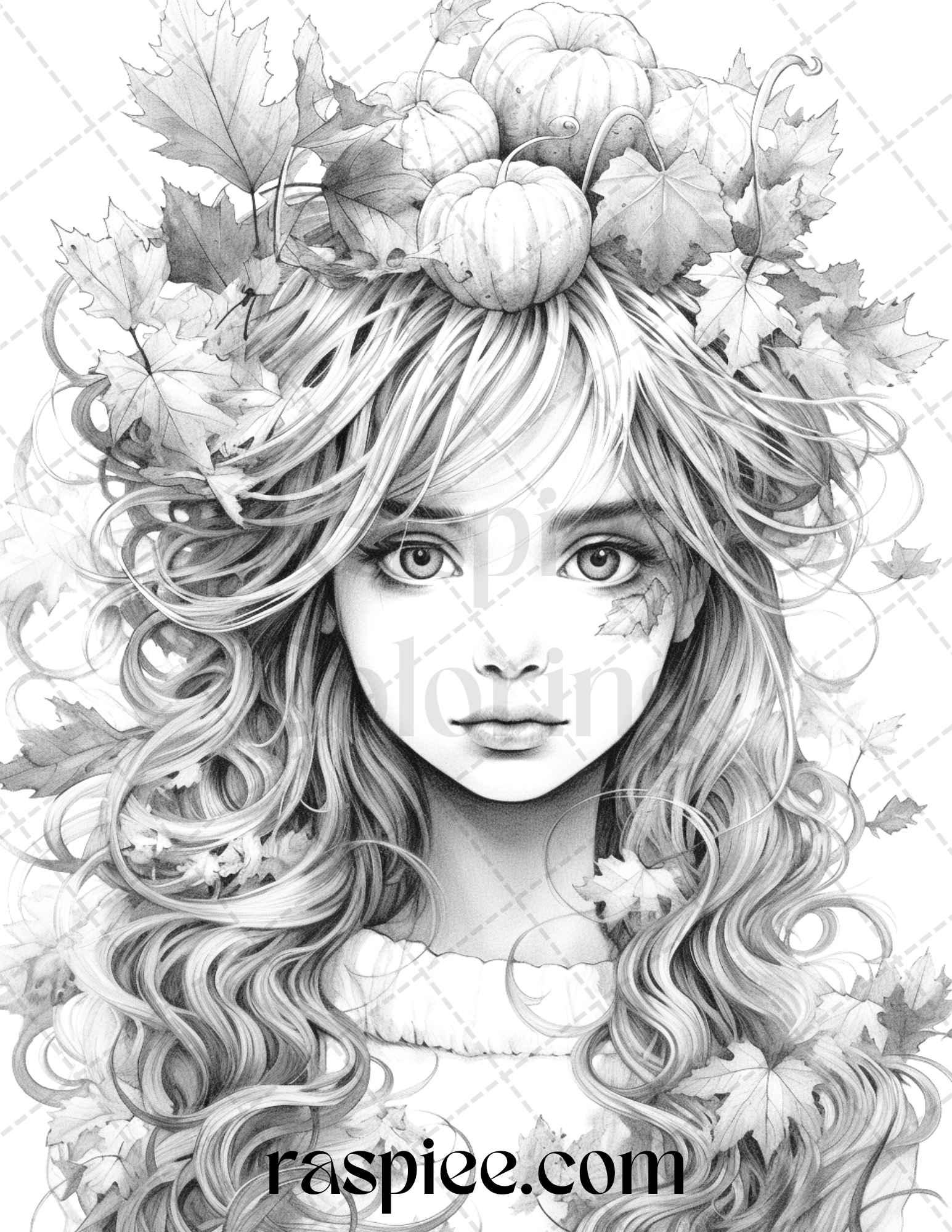 40 Pumpkin Fairy Girls Grayscale Coloring Pages Printable for Adults, PDF File Instant Download