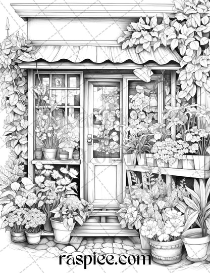 45 Flower Store Front Grayscale Coloring Pages Printable for Adults, PDF File Instant Download