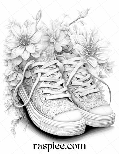 40 Flower Sneakers Grayscale Coloring Pages Printable for Adults, PDF File Instant Download