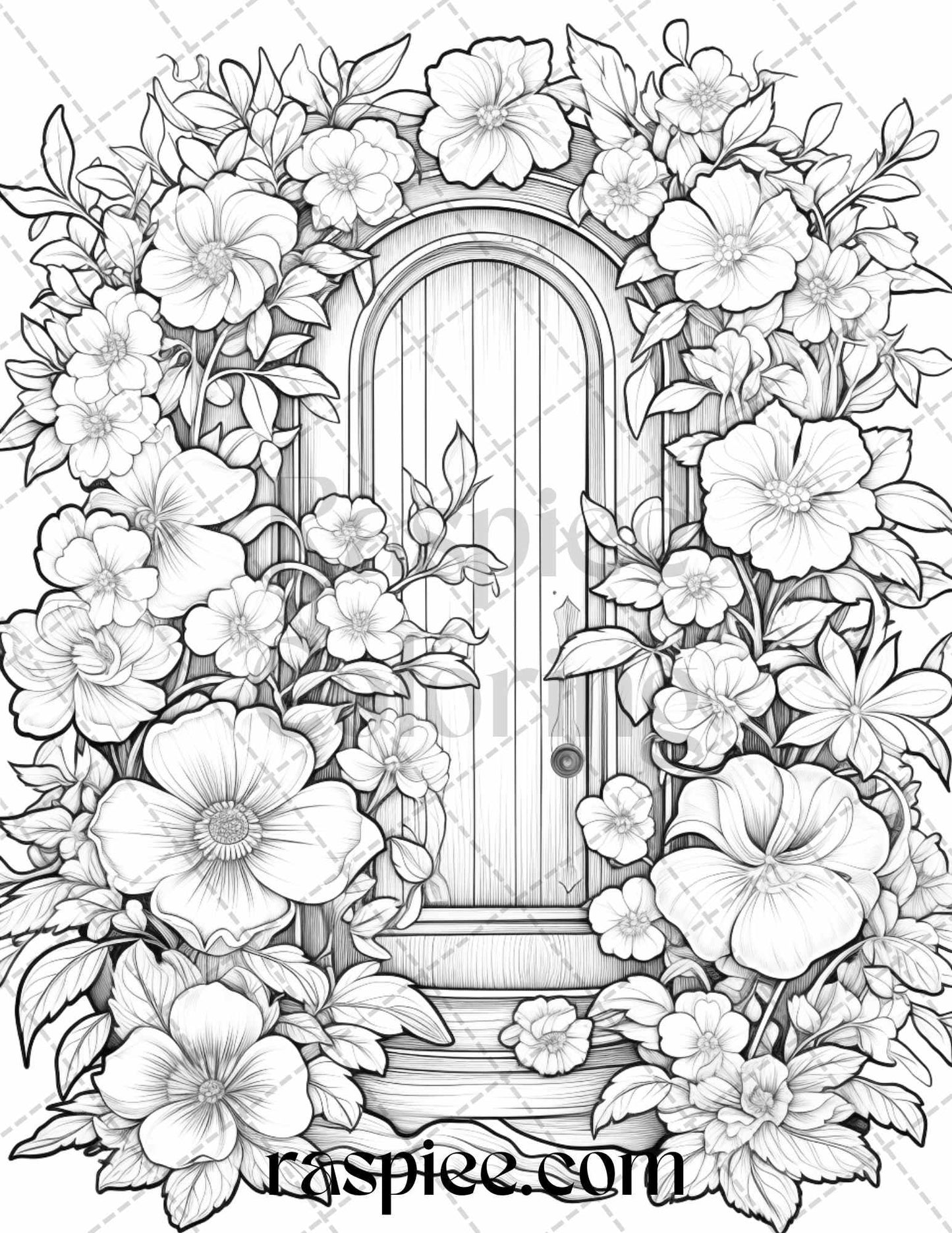 40 Flower Fairy Doors Grayscale Coloring Pages Printable for Adults, PDF File Instant Download