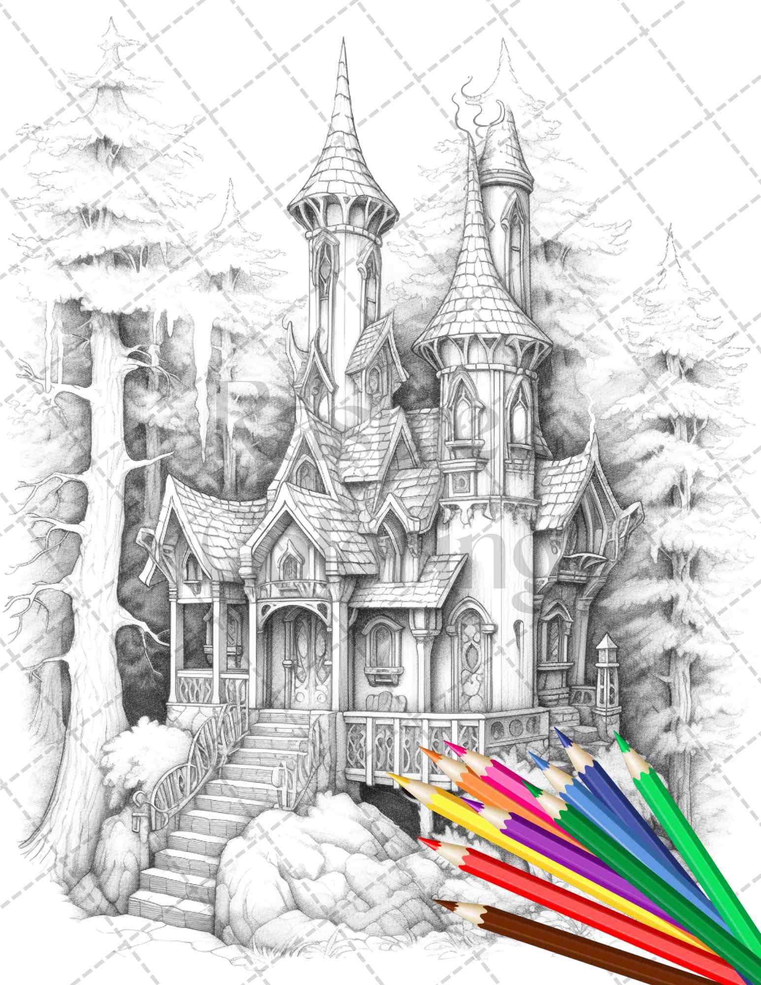 40 Creepy Gothic Houses Grayscale Coloring Pages Printable for Adults, PDF File Instant Download