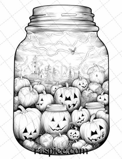 40 Halloween in Jar Grayscale Coloring Pages for Adults, Printable PDF File Instant Download