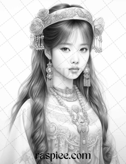 40 Beautiful Chinese Girls Grayscale Coloring Pages for Adults, Printable PDF File Instant Download